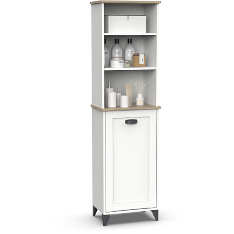 Colonne de salle de bain , meuble de rangment coloris blanc, chêne cambrian - Longueur 46,5 x Profondeur 31 x hauteur 168 cm -PEGANE-