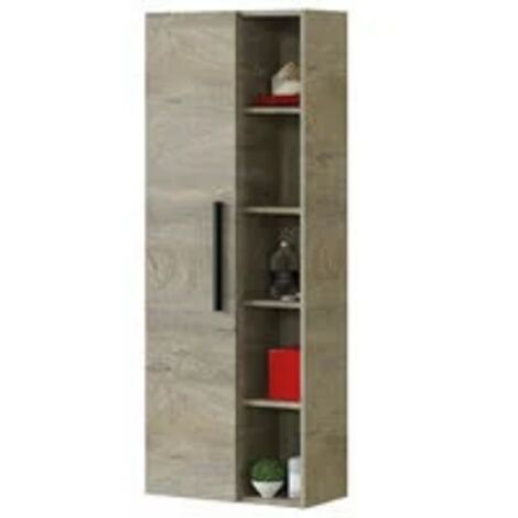 Colonne de salle de bain murale en chêne d'Alaska – 1 porte réversible – 3 étagères réglables – 4 étagères fixes – H135 cm x L51 cm x P25 cm – Arkitmobel