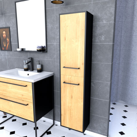Aurlane – Colonne de salle de bain noir mat 30x35x150cm – 2 portes MDF chêne naturel – Poignées aluminium noir mat – Rangement moderne