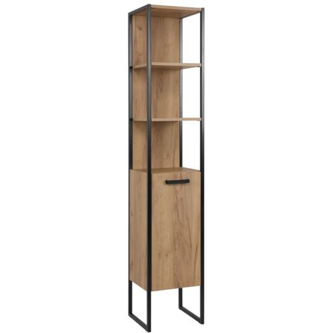 Colonne de salle de bain ONIL – 2 portes – Chêne clair et noir – Style industriel – H185 cm