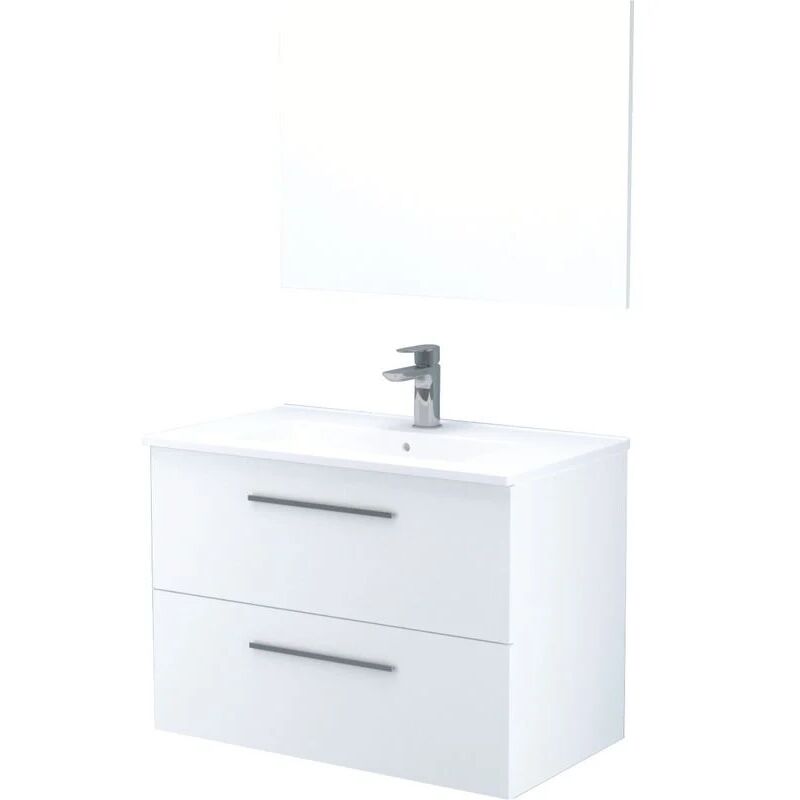Meuble sous-vasque suspendu avec deux tiroirs et un miroir, coloris blanc brillant, 80 x 57 x 45 cm.