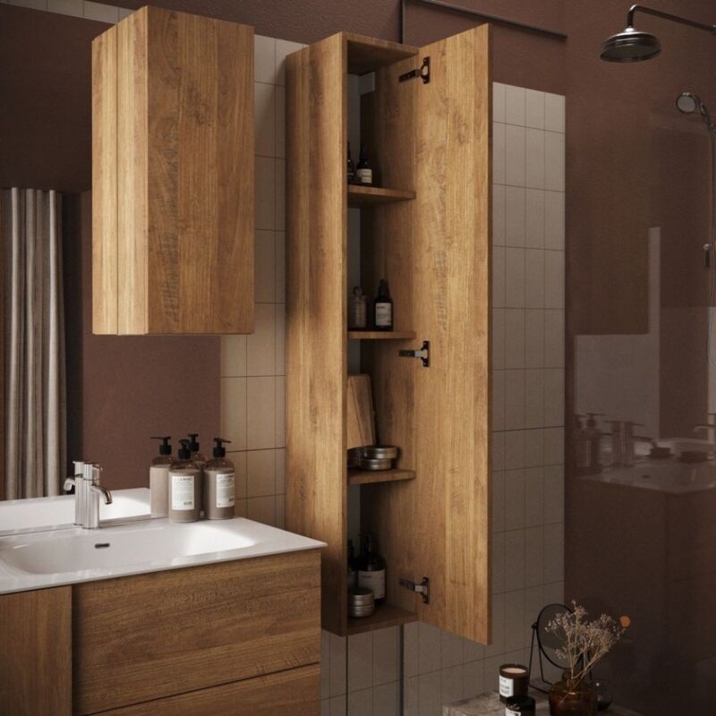 Toscohome - Colonne de salle de bain suspendue avec porte et étagères couleur chêne mercure 26x138H cm - Peter