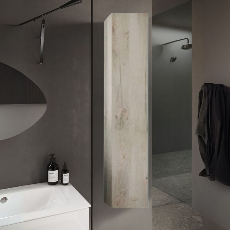 Colonne de salle de bain suspendue avec porte et étagères couleur pin blanc 25x138H cm - Allis