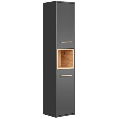 Colonne de salle de bain TALOKA – 2 portes – Gris anthracite et chêne clair – 170 cm – À suspendre