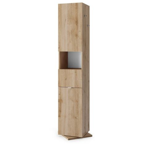 Colonne de salle de bain tournante avec miroir, 2 portes et 1 tiroir, collection BURA. Coloris chêne clair
