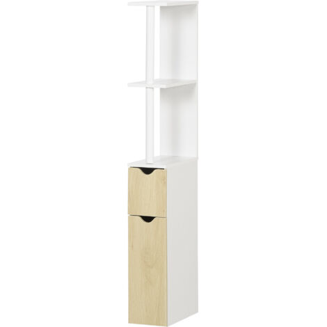 Colonne de Salle de Bains avec 2 Étagères et 2 Placards, Meuble Haut Gain de Place 15.2x29.8x118 cm, Blanc et Bois