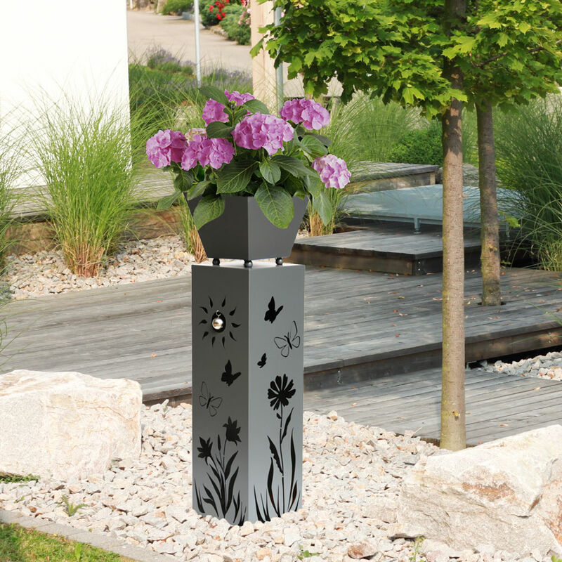 Etc-shop - Colonne de terrasse pour plantes d'extérieur avec motif floral, pot de fleurs, colonne décorative de jardin, acier gris, h 82 cm