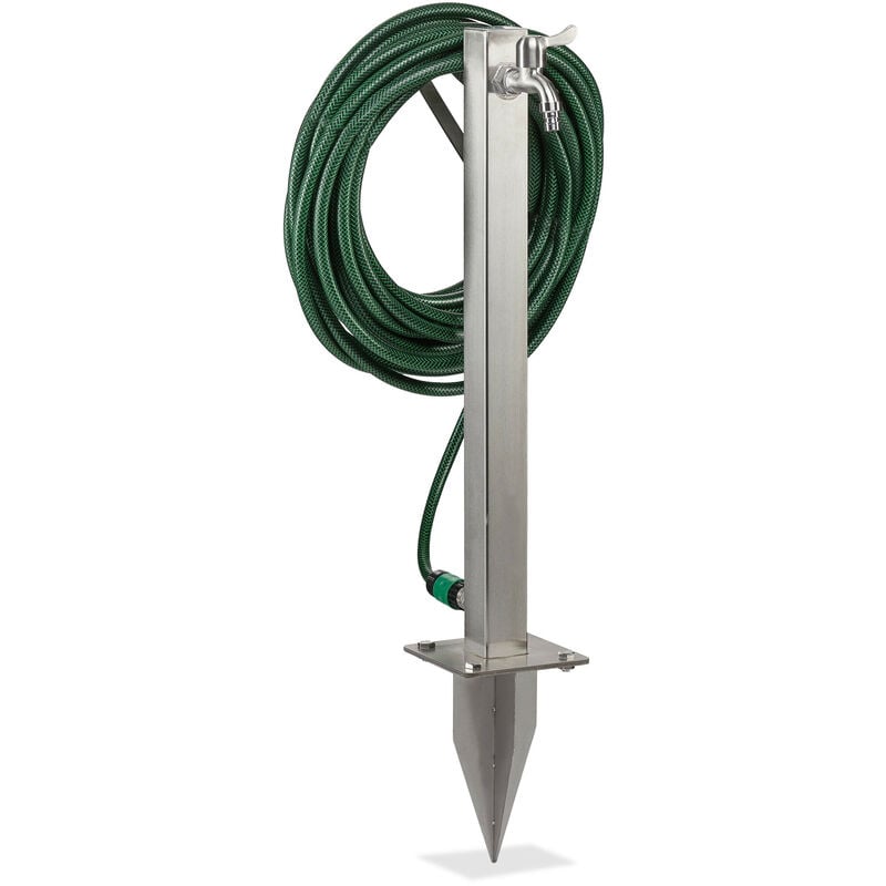 Colonne d'eau avec robinet, avec piquet et support tuyau, hlp 66x30x15 cm, point d'eau, carré, inox, argenté - Relaxdays