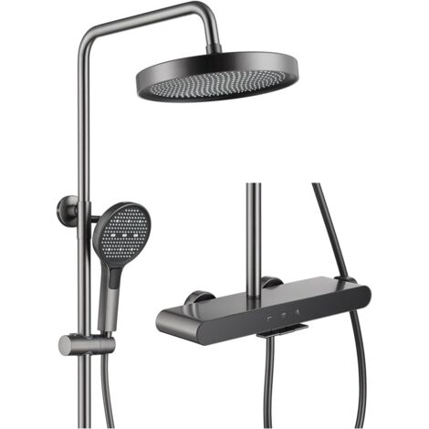 Colonne Douche 3 Fonctions Ensemble de Douche Mural Gris Système Kit de Douche avec Douche de Tête Rond, Pommeau Douche 3 Modes, Bec de Baignoire Cascade