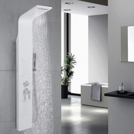 Colonne douche en acier inox 304 avec mitigeur, Panneau douche multifonctionnel 4 fonctions, douche cascade et hydromassante, blanc