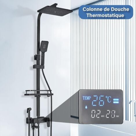 SUGUWORD Colonne Douche Thermostatique avec Mitigeur 38°C,Ensemble de Douche avec 4 Fonctions Hauteur RéGlable,Système de Douche à tête Carréeavec Douchette à Main pour Salle de Bain，Noir