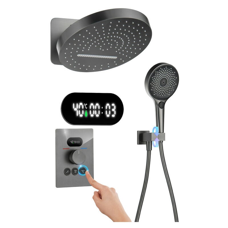 Colonne Douche Thermostatique Gris Ensemble de Douche Encastré Affichage Numérique led Système de Douche à Cascade et Pluie avec 32CM Tête de Douche