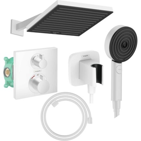 Colonne douche thermostatique HANSGROHE Ecostat Square Douche de tête Pulsify S Flexible Designflex Douchette Pulsify blanc mat