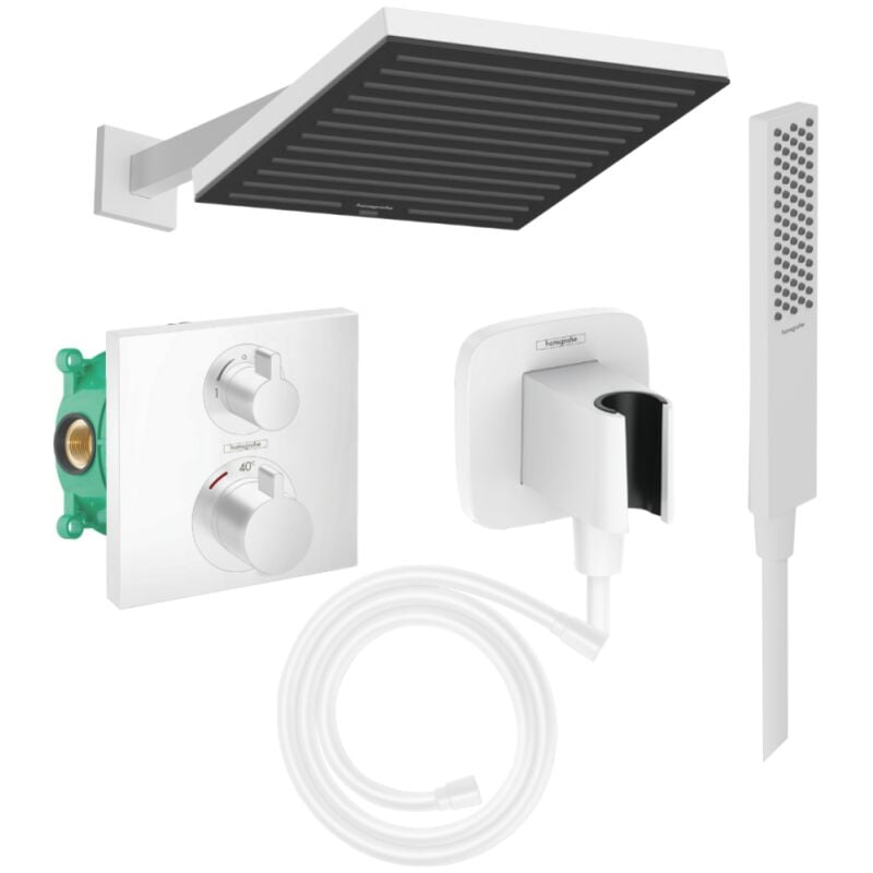 Hansgrohe - Colonne douche thermostatique Ecostat Square Douche de tête Pulsify s Flexible Isiflex Douchette Pulsify e blanc mat