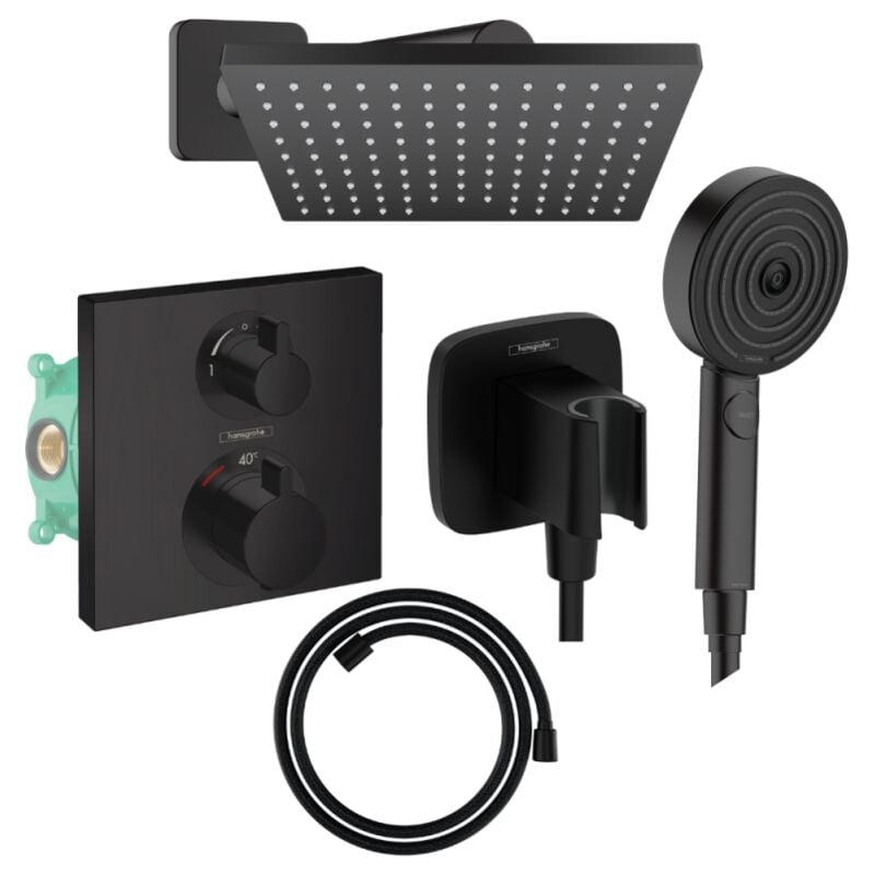 Hansgrohe - Colonne douche thermostatique Ecostat Square Douche de tête Vernis Shape Flexible Designflex Douchette Pulsify noir mat