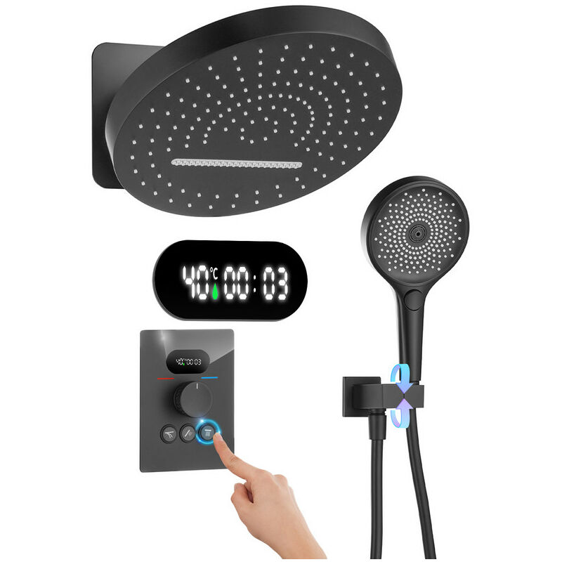 Ensemble de Douche Encastré Colonne Douche Thermostatique Noir Système de Douche avec Affichage Numérique led, 32CM Cascade et Pluie Tête de Douche