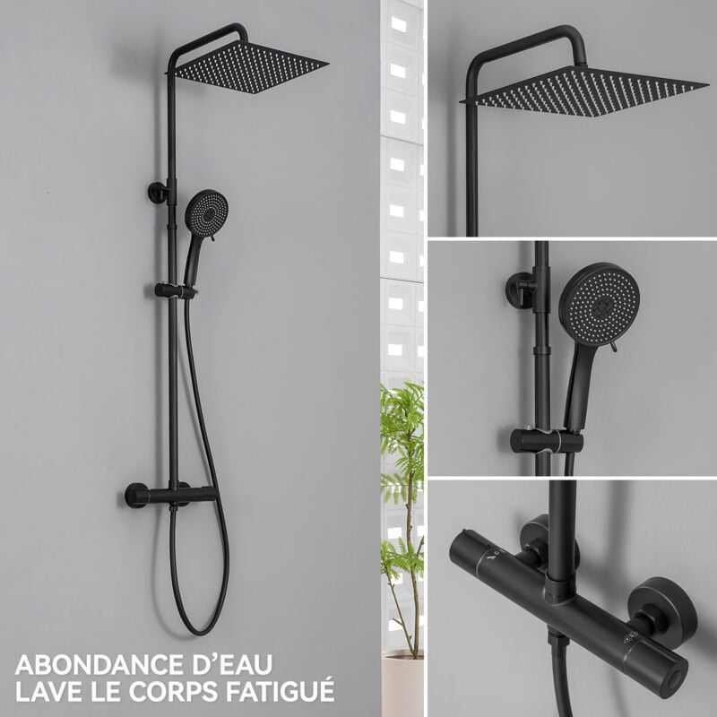 Colonne Douche Thermostatique,tête douche carrée 3030cm,Pommeau Douche ronde 5 Jets,Douche Pluie Réglable en Hauteur,avec Mitigeur en cuivre,Noir