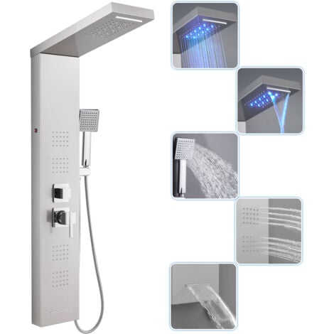Colonne Panneau de Douche Hydromassante avec Mitigeur et LED, 5 Fonctions - Pomme de Douche Cascade et Pluie, Jets de Massage, Douchette à Main et Bec de Baignoire, Brossée Acier Inox, Montage Mural