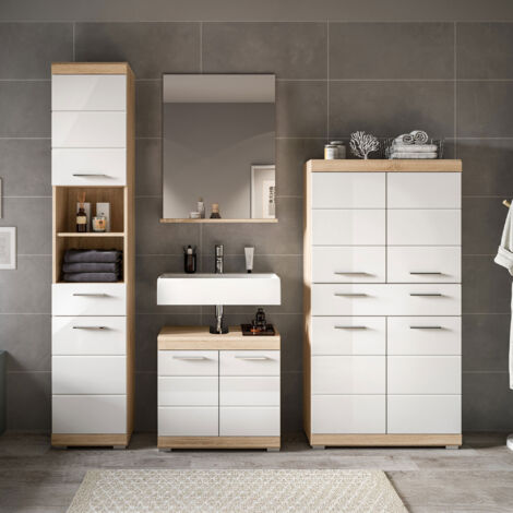 Colonne salle de bain + 2 meubles + miroir chêne et blanc - LAMBY
