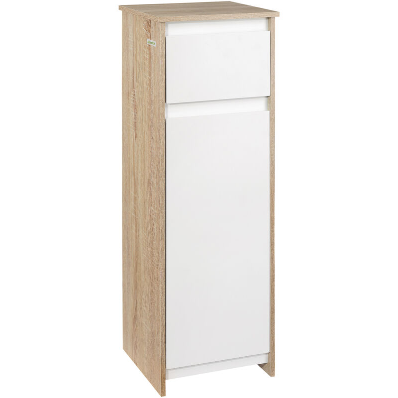 Meuble colonne bas salle de bain style cosy dim. 32L x 30l x 90H cm porte étagère tiroir mdf blanc aspect chêne clair