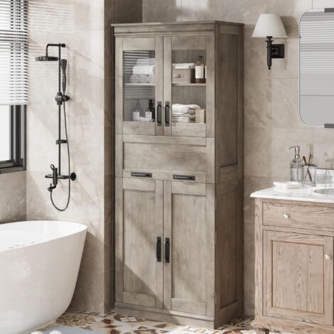 Colonne Salle de Bain avec 4 Portes et 1 Tiroir, Armoire Salle de Bain, Étagères Réglables, 60x30x170 cm, GRIS