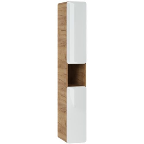 Colonne salle de bain ERBANO – Chêne clair et blanc brillant – 25x170 cm – 3 portes – À suspendre