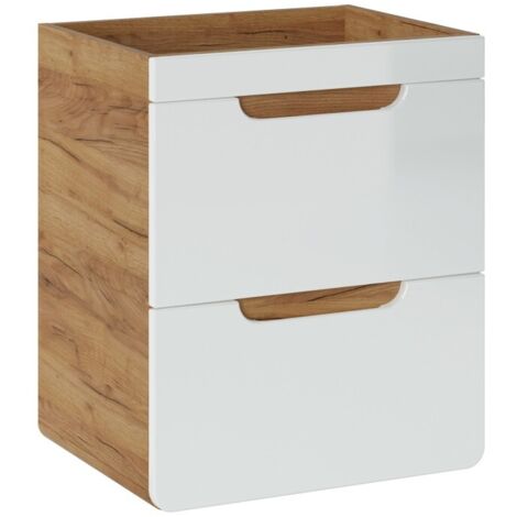 Colonne salle de bain ERBANO – Chêne clair et blanc brillant – 50x59 cm – 2 tiroirs – À suspendre