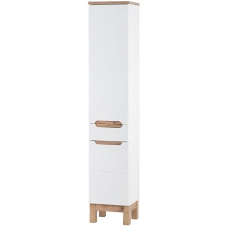 Colonne salle de bain ERMANO – Chêne clair et blanc brillant – 35x187 cm – 2 portes – À poser