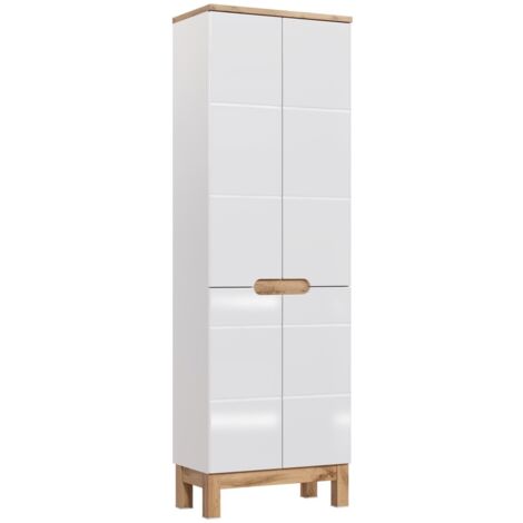 Colonne salle de bain ERMANO – Chêne clair et blanc brillant – 60x187 cm – 2 portes – À poser