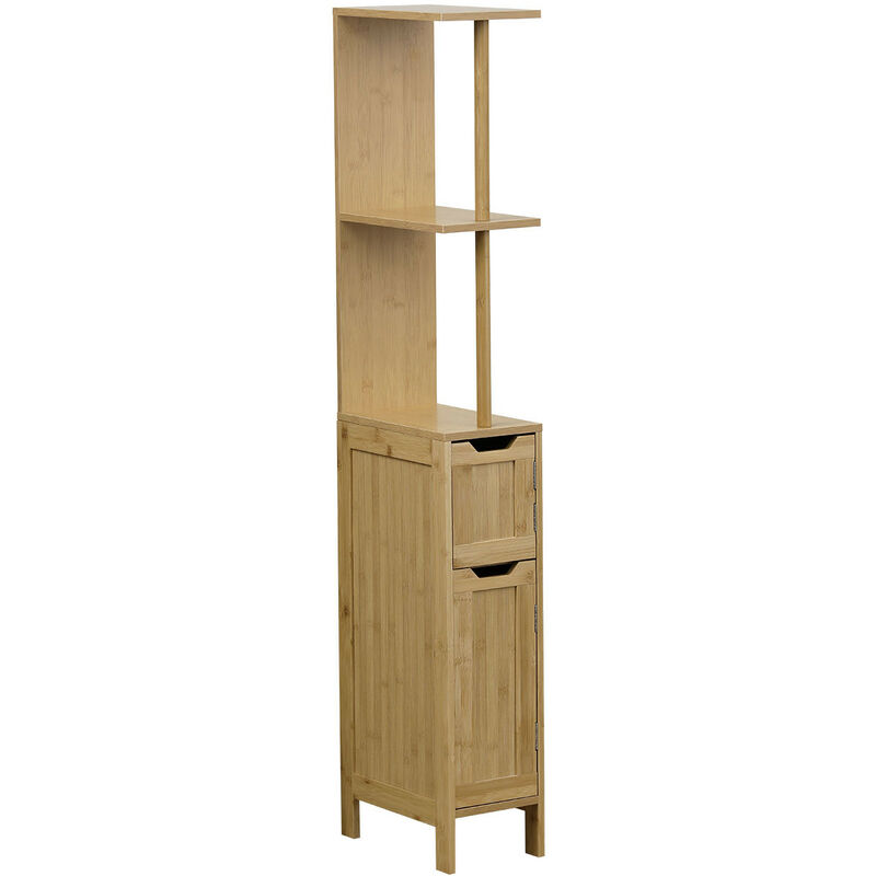 meuble colonne de salle de bain 2 porte 2 étagères h 130 cm - bambou - tendance - beige