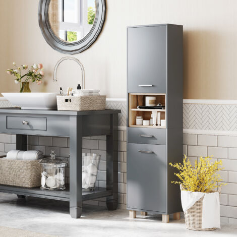 Colonne salle de bain. meuble salle de bain rangement avec 2 placards. tiroir et 2 compartiments ouverts. gris