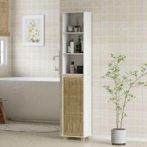 Colonne salle de bain. meuble salle de bain rangement avec porte à lattes en bambou et compartiments ouverts. blanc