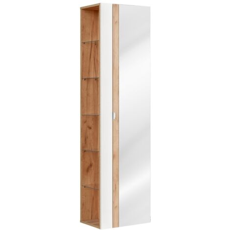 Colonne salle de bain NALYA 170 cm – Blanc brillant et chêne clair – Avec miroir