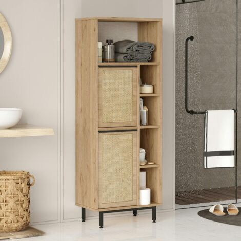 Colonne salle de bains effet bois clair 2 portes cannage JENA