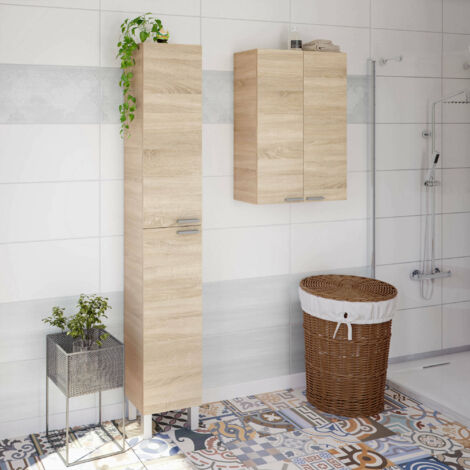 Colonne suspendue avec 1 porte, Meuble polyvalent moderne avec 1 porte et 2 étagères, Meuble de salle de bain, 30x25h85 cm, Couleur chêne