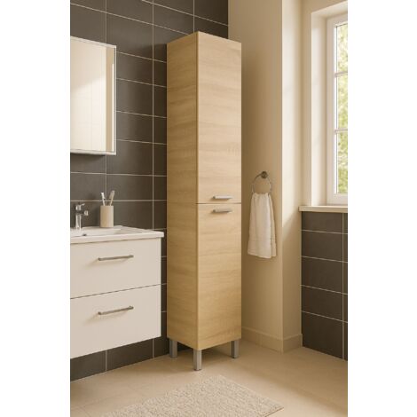 Colonne suspendue avec 1 porte, Meuble polyvalent moderne avec 1 porte et 4 étagères, Meuble de salle de bain, cm 30x25h182, couleur Chêne