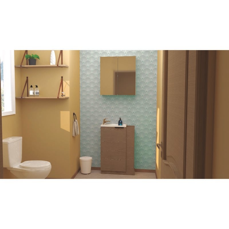 Ondee - Meuble haut de salle de bain avec deux portes battantes en miroir et deux étagères internes, couleur blanc brillant, 60 x 65 x 21 cm.