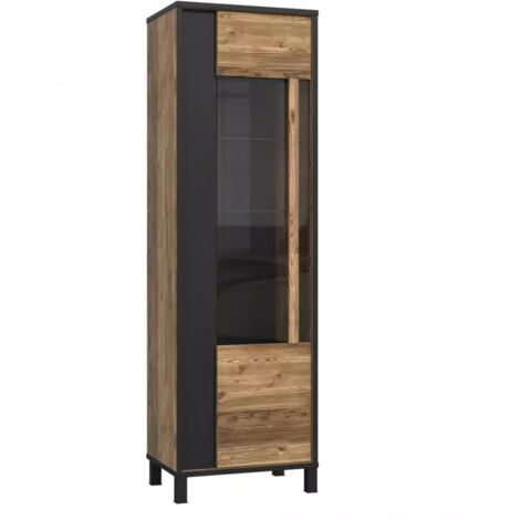 Colonne vitrine 1 porte décor bois et noir pieds noir - CELIA