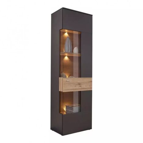Colonne vitrine 1 porte droite décor bois clair et gris anthracite – Éclairage LED intégré – Système de fermeture soft-close – Dimensions 60x203x41cm – Meubletmoi