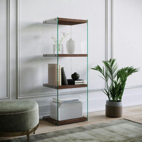 Colonne vitrine design - bois brun, 4 plateaux LHASA
