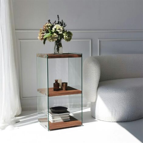 Colonne vitrine design - bois marron, 3 plateaux LHASA
