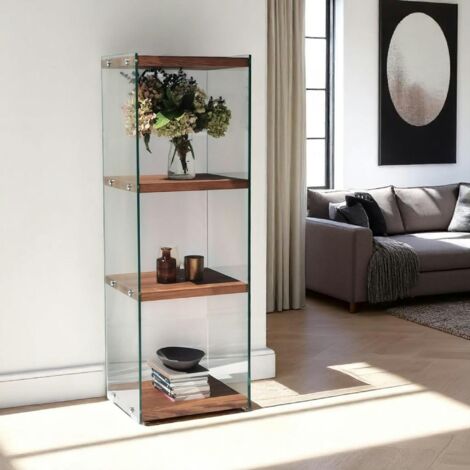 Colonne vitrine design - bois marron, 4 plateaux LHASA