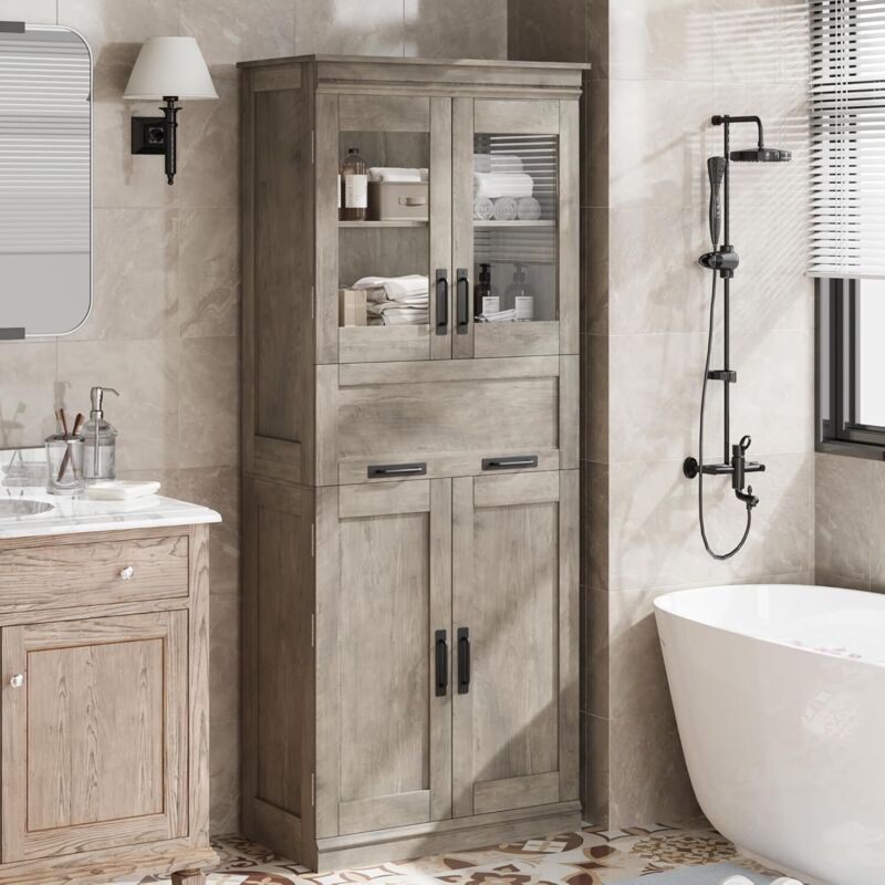 Hoerfuriy – Colonne de salle de bain 170 cm – Armoire étroite avec 2 portes en verre – 1 tiroir et 5 étagères réglables – MDF écologique gris