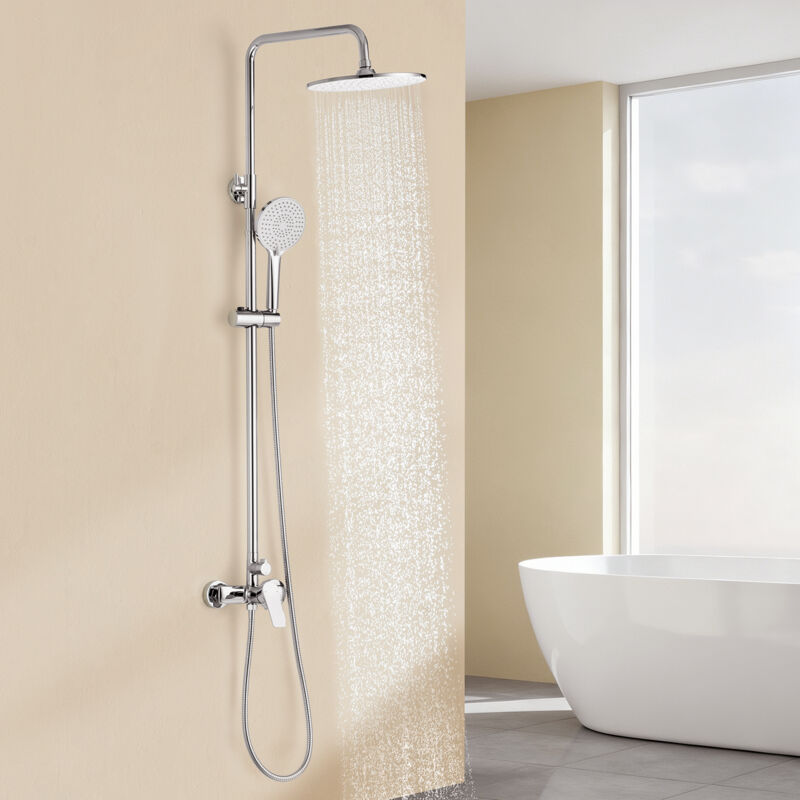 Système de douche chromé, colonnes de douche avec mitigeur monocommande, avec une douche de pluie et une douchette à main 3 fonctions, barre de