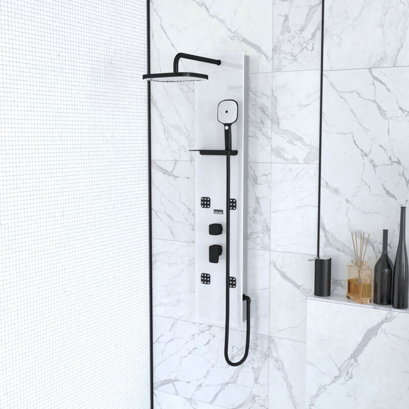 Colonne de douche avec 2 fond et 4 buses hydromassantes Blanc 125 cm