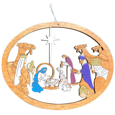 Color Hollowed Nativity Scene Pendant Christmas Tree Wooden Hanging Ornament Christmas Decoration for Hanging on Doors and Windows