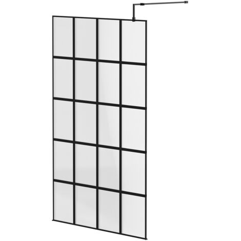Colore 8mm Clear Glass Matt Black Crittall Frame 1950mm x 1200mm Walk In Shower Screen including Support Bars and Retainer Feet