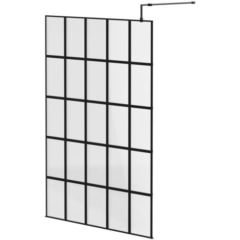 Colore 8mm Clear Glass Matt Black Crittall Frame 1950mm x 1400mm Walk In Shower Screen including Support Bars and Retainer Feet