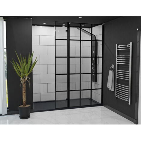 Colore 8mm Clear Glass Matt Black Crittall Frame 1950mm x 300mm Walk In Shower Hinged Return Screen