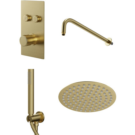 Colore Brushed Brass Concealed Push Button Shower Valve Including Round Fixed Shower Head and Round Handset Outlet Holder with Kit - 2 Outlet